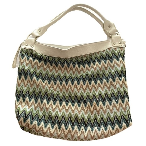 Vintage Y2K Slouchy Fabric Chevron Shoulder Bag Purse Festival Beach Tote Retro - Picture 1 of 7